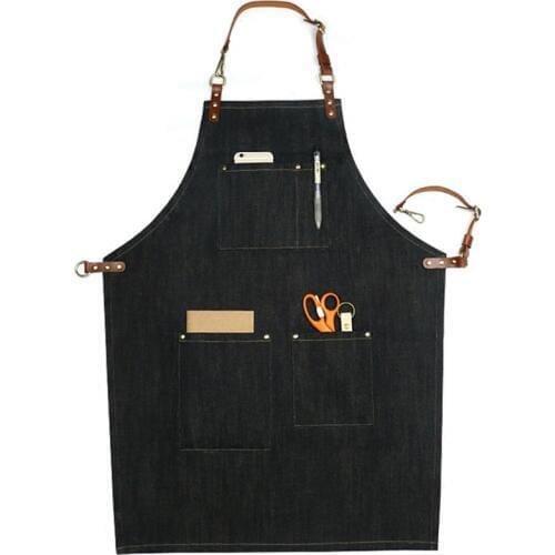 Black Denim Apron Cowhide Leather Strap Barista Bartender BBQ Pastry Chef Uniform Barber Artist Florist Painter Work Wear XL K54
