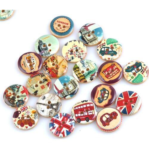 Vintage London Style Wooden Decorative-buttons Round Sewing Button for Scrapbooking Handmade Craft Supplies 25mm 30pcs MT0878