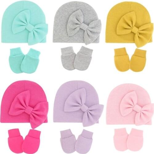 Newborn Beanie Hat Gloves Set Baby Bow Cap Mittens Kit Infants Autumn Winter Warm Cotton Head Wrap Glove