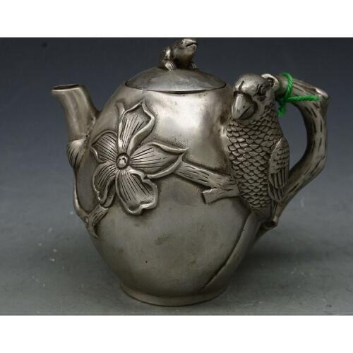 China Tibet Old Vintage Handwork Silver Copper Flowers and birds statue Teapot metal handicraft pot