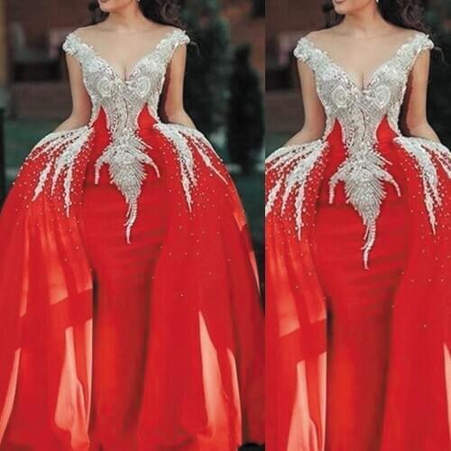 SuperKimJo Red Prom Dresses Cap Sleeve Beaded Applique Detachable Skirt Elegant Sparkly Luxury Prom Gown Vestidos De Gala