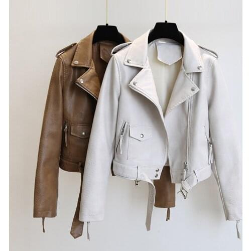 Spring Autumn Women Faux Leather Jacket Slim Streetwear Khaki Leather Coat Biker Moto Jacket with Belt Female Outerwear
