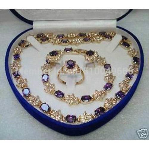 Hot sale FREE SHIP>>>Stylish bride wedding purple crystal set necklace bracelet earring ring set