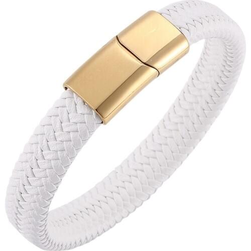 Punk Men Jewelry White Braided Leather Bracelet Classic Stainless Steel Magnetic Buckle Male Fashion Bangles Gifts S0227