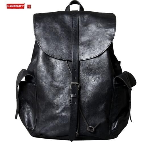 Men Backpack Travel Backpack Male Schoolbag Vegetable Tanned Cowhide Retro New Original Large Capacity Handmade Genuine Leather
