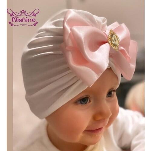 Nishine Fashion Satin Bowknot Baby Hats Shining Rhinestone Bows Toddler Cap Clothing Decoration Infant Accessories Birthday Gift