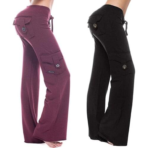 2020 New Women Yoga Pants Gym Pocket Wide Leg Pants Sports Boot Cut Trousers Running Sweatpants Casual Pants