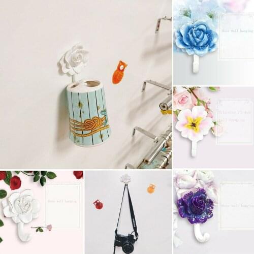 New Hibiscus Flower Resin Self Adhesive Hooks Wall Door Plastic Strong Sticky Rose Single Hook Holder