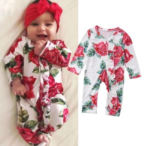 Newborn Infant Baby Girl Rose Flower Long Sleeve Cotton Romper Jumpsuit Clothes Outfits
