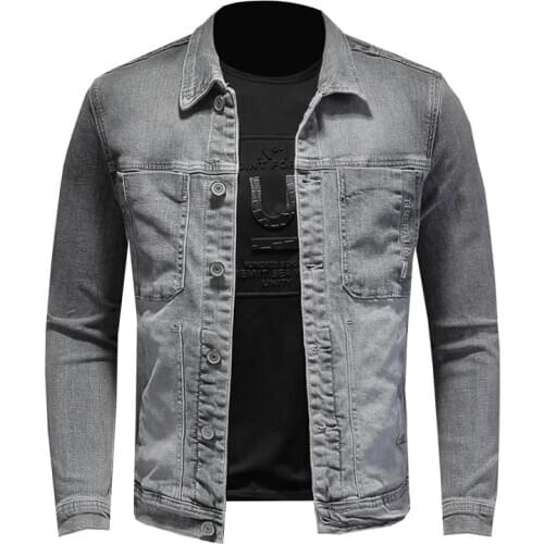 Light gray machine denim jacket mens lapel stand collar cotton denim coat slim casual long-sleeved jacket
