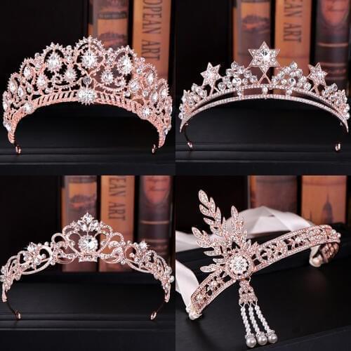 Luxury Rose Gold Tiaras And Crowns For Women Crystal Pearls Hair Jewelry Queen Diadems Bridal Headbands Wedding Hair Accessories
