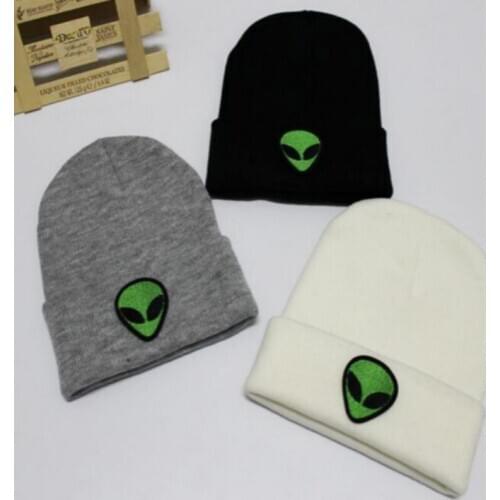 Embroidery Green Alien Winter Hat For Women Hip Hop Knitted Cartoon Skullies Beanie Hip-hop Warm Unisex Beanie Bonnet Ski Cap