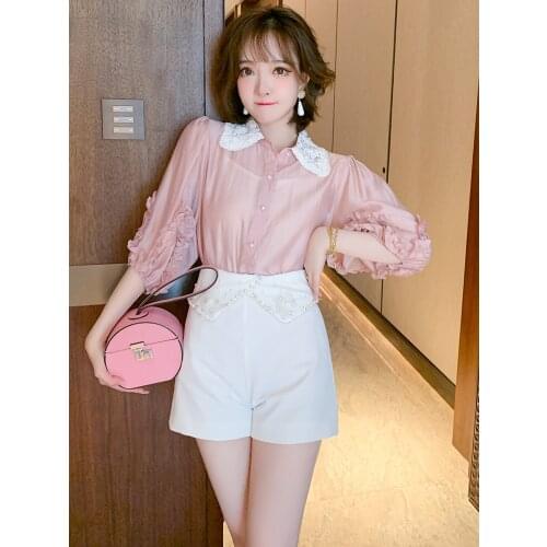 Top Quality High waist three-dimensional flower inlaid with diamond nail beads A-Line New summer womens wide leg shorts