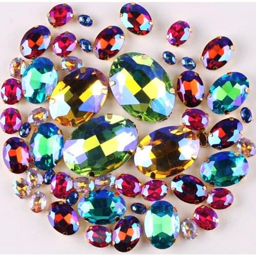 Gold claw setting Oval shape 7 sizes mix 50pcs/bag glass crystal sew on rhinestone beads wedding dress shoes bags diy trim