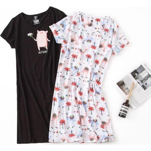 Homewear Women Casual Cartoon nightgown Ladies 100%Cotton nightdress Female Round collar Plus size purple sleep dress