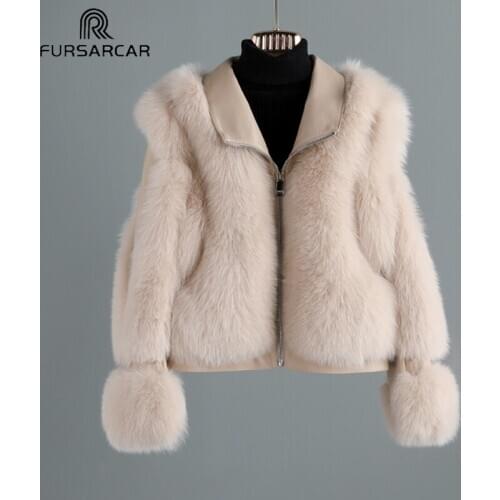FURSARCAR Real Fox Fur Genuine Sheepskin Leather Jackets Women Natural Fox Fur Coat Fashion Winter Furs Female Street Outwear