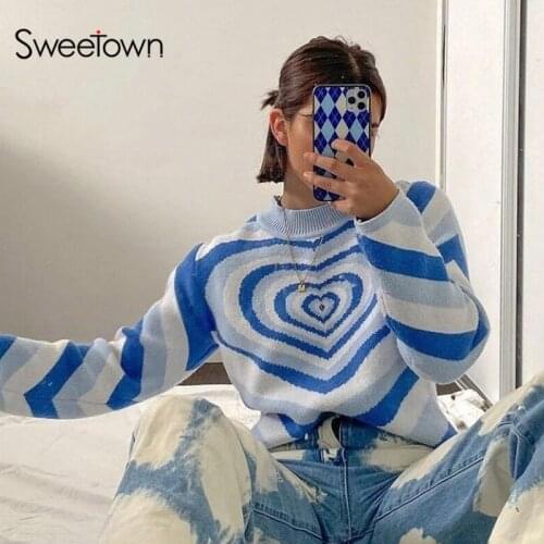 Sweetown Brown Vintage Knitted Y2K Sweatshirts Women Pink Heart Print Kawaii Jumpers Crewneck Long Sleeve Winter Pullover Korean