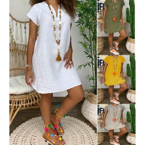 2021 Summer Plus Size Womens Solid Color Casual Loose V-Neck Cotton and Linen Dress