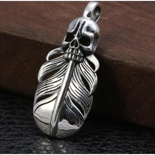 925 Sterling Silver skull feather charm pendant mens jewelry A4420