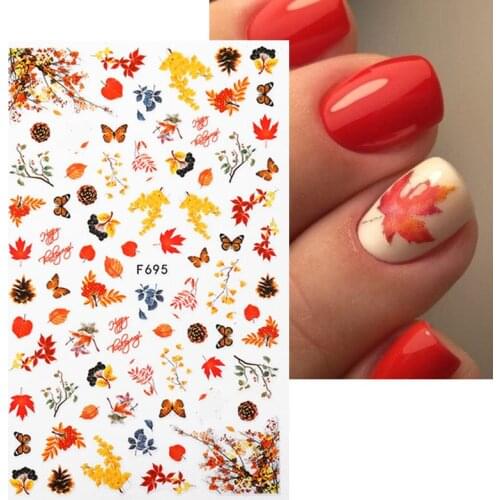 1 Sheet Maple Leaves 3D Nail Stickers Fall Leaf Flowers Line Sliders For Nails Self Adhesive Stickers Autumn Manicuring Decals