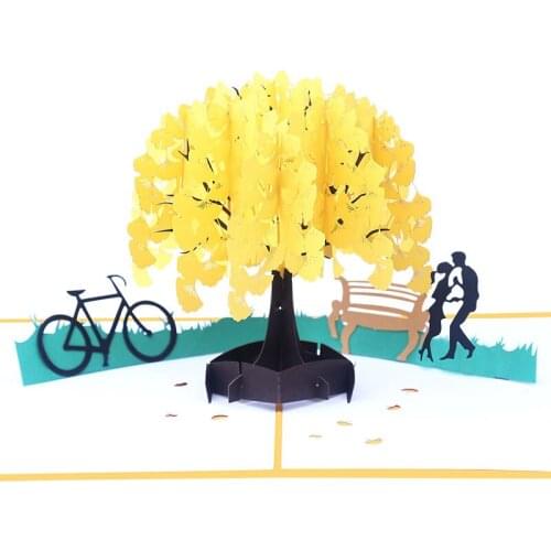 10pcs Wholesale 3D Handmade Yellow Bicycle Ginkgo Lover Paper Invitation Greeting Cards PostCard Valentines Day Wedding Gift