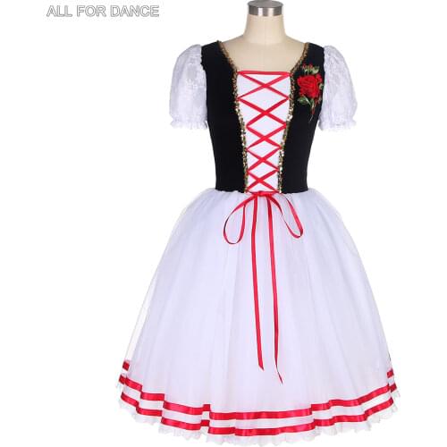 All For Dance New Black Velvet Bodice Top With White Tulle Red Ribbon Ballet Stage Performance Dance Long Dress Dancewear
