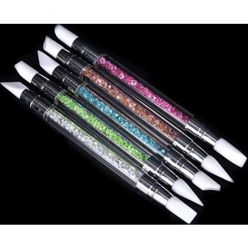 2 Way Rhinestone Crystal Nail Art Brush Pen Silicone Head Carving Emboss Shaping Hollow Sculpture Acrylic Manicure Dotting Tools