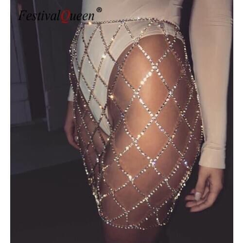 2020 Fashion Women Rhinestone Sequin Crystal Skirt Hollow Out Wrap Sequined Beach Chain Cover Up Swimwear Skirt Mesh Skirt