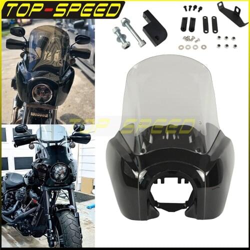 Black Front Fairing 15" Windshield Mount Bracket 5.75" Headlight Mask Fairing for Harley Dyna Street Bob Low Rider Wide Glide