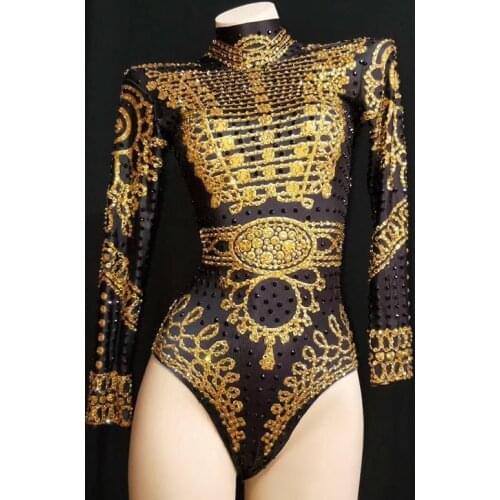 Jazz Dance Costumes Black Crystals Sexy Female Jumpsuit Bodysuit Slim Singer DS DJ Rock Nightclub Pole Dancing Performance DT335