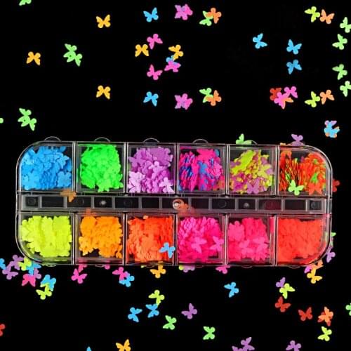 12 Grids/Set Fluorescent butterfly sequins DIY Design Tiny Slices Decoration Acrylic Beauty Polymer Clay Nail Sticker Accessor