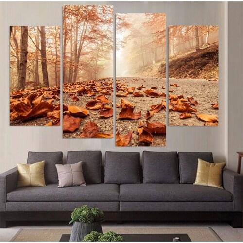 Home Decoration Framework Modular Modern Wall Art Photo 4 Panel Painting Misty Road Autumn Canvas Pictures For Living Room