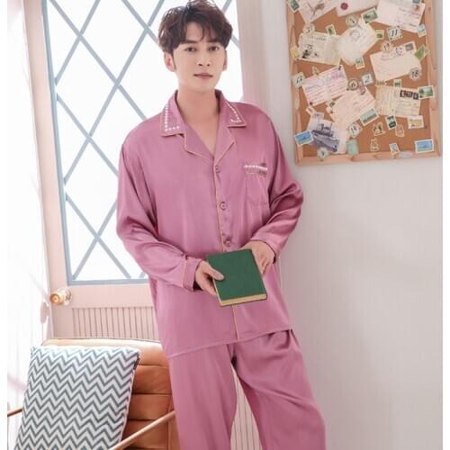 Mens Silk Pajamas Solid Color Sleepwear Pyjama Sets Casual Sleep&Lounge Pijamas Mujer Plus Size L-3XL Homewear Black/Blue
