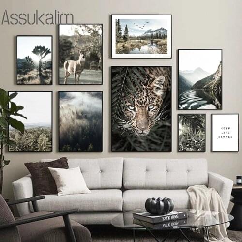 Natural Landscape Painting Leopard Deer Wall Art Poster Forest Scenery Art Print Nordic Posters And Prints Living Room Decor
