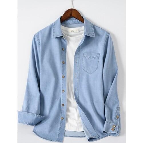 Spring and Autumn New Mens Light Blue Denim Shirt Modal Fabric Stretch Casual Long-sleeved Shirt Male Brand Clothes,8178