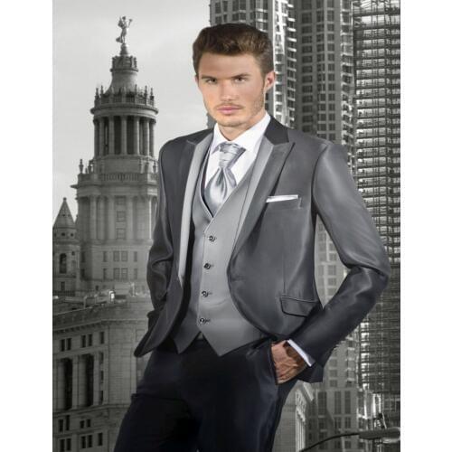 New Arrival Groom Tuxedos Shiny Grey Groomsmen Peak Lapel Wedding/Dinner Suits Best Man Bridegroom (Jacket+Pants+Tie+Vest) B592