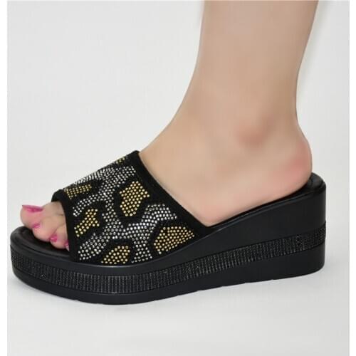 New Coming Black With Rhinestones Slippers African Womens Wedge Heel Shoes For Party 222-6 Heel Height 6.5CM