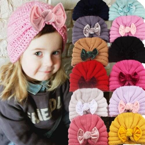 Baby Girls Solid Knitted Hat With Pleuche Bowknot Newborn Beanie Caps Big Bow Headwear Infant Toddler Hats Beanie Kids Headband