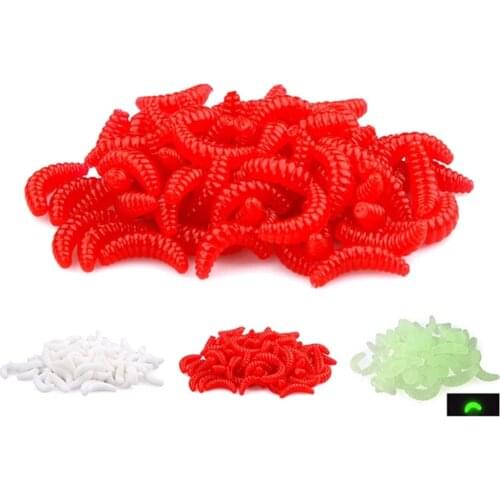 PHAT FISH 50Pcs/Lot 2cm 0.3g Maggot Grub Soft Lure Hooks Smell Worms Glow Fishing Lures
