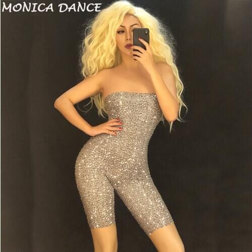 Sexy Silver Pink Rhinestones Mesh Rompers Sexy Sleeveless Stage Dance Bodysuit Outfit Birthday Celebrate Costume Stones Catsuit