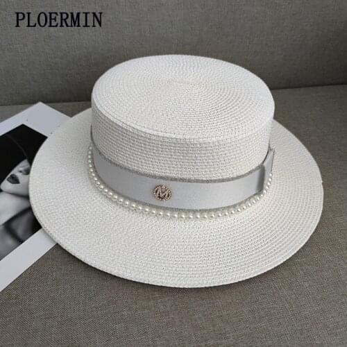 New Summer Womens Boater Beach Hat Wide Brim Casual Panama Hat Lady Classic Flat Pearl Bowknot Straw Sun Hat Female Fedora