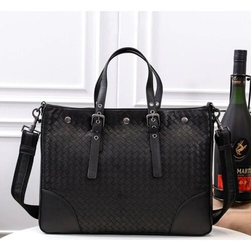 New Fashion Men Cowskin Genuine Leather Top Handle Bags High Quality Luxury Design Business Classice Woven Handbag Crossbody Bag