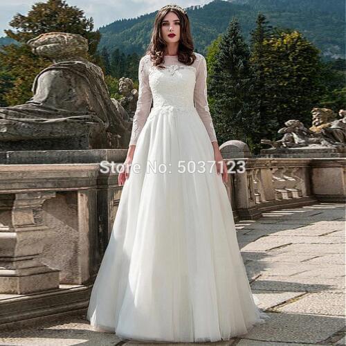 A Line Tulle Wedding Dresses Lace Appliques Long Sleeves O Neck Bridal Gown Sweep Train Button Vestido De Noiva