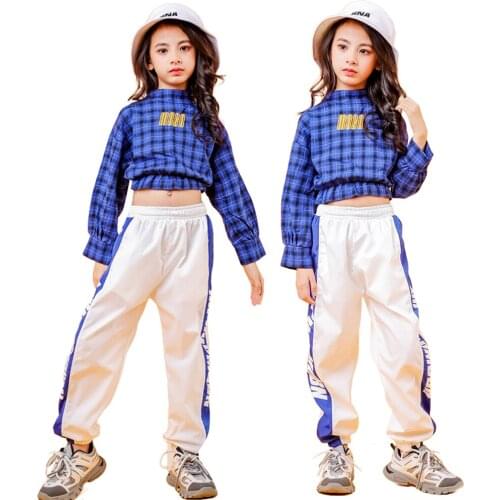 Lolanta Girls Blue Plaid Crop Top / White Pants Clothes Kids Hip-hop Performance Dance Costume Children Street Dance Outfit Wear
