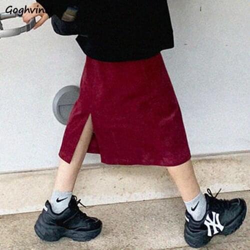 Women Skirts Solid Slit Design Corduroy High Waist All-match College Style Ulzzang Gentle Elegant Kawaii Fashion Retro Teenagers
