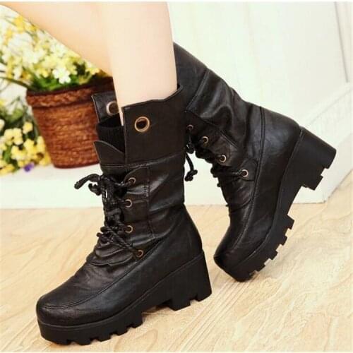 PXELENA Plus Size 34-43 Women Boots Thick Sole Fur Mid Calf Boots Chunky Block High Heel Lace Up Riding Knight Boot Shoes Winter