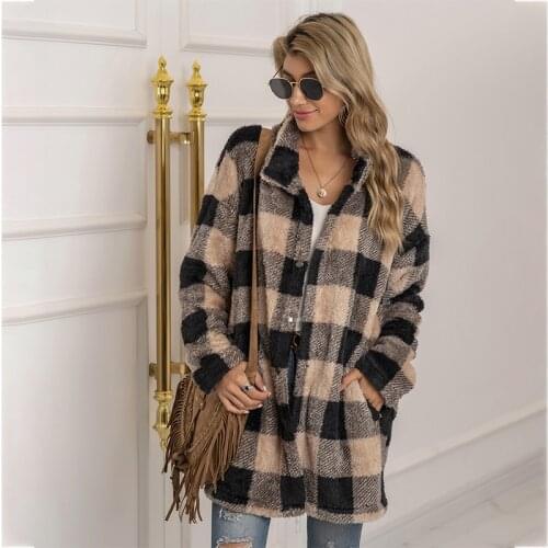 2021 Autumn Winter Long Coat Women Plaid Long Sleeve Teddy Fluffy Jacket Ladies Single Breasted Warm Plush Jacket Women Outwear