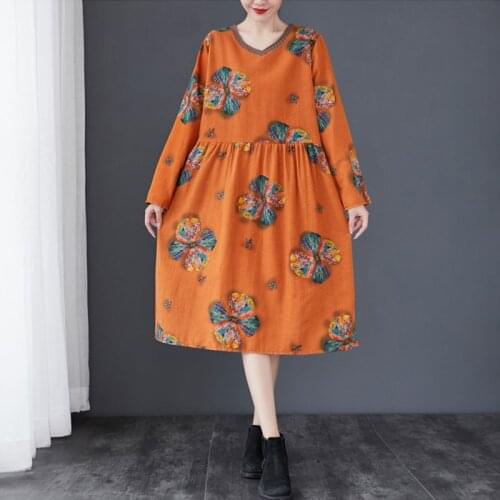 Oversized Women Cotton Linen Long Dress New 2021 Spring Vintage Style Floral Print V-neck Female Loose Casual Dresses S2951