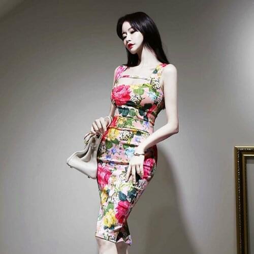 Plus Size Print Floral Dress Summer 2020 Sleeveless Midi Empire Korean Dress Woman Flower Slim Bodycon Sexy Sundresses Women
