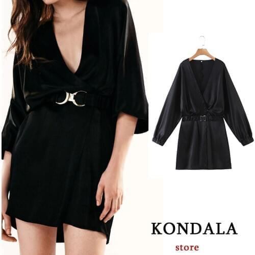 KONDALA Women Spring Fashion Dress Za 2021 Elastic Belt Chiffon Black Deep V Puff Sleeve Ladies Dress Mujer Vestidos